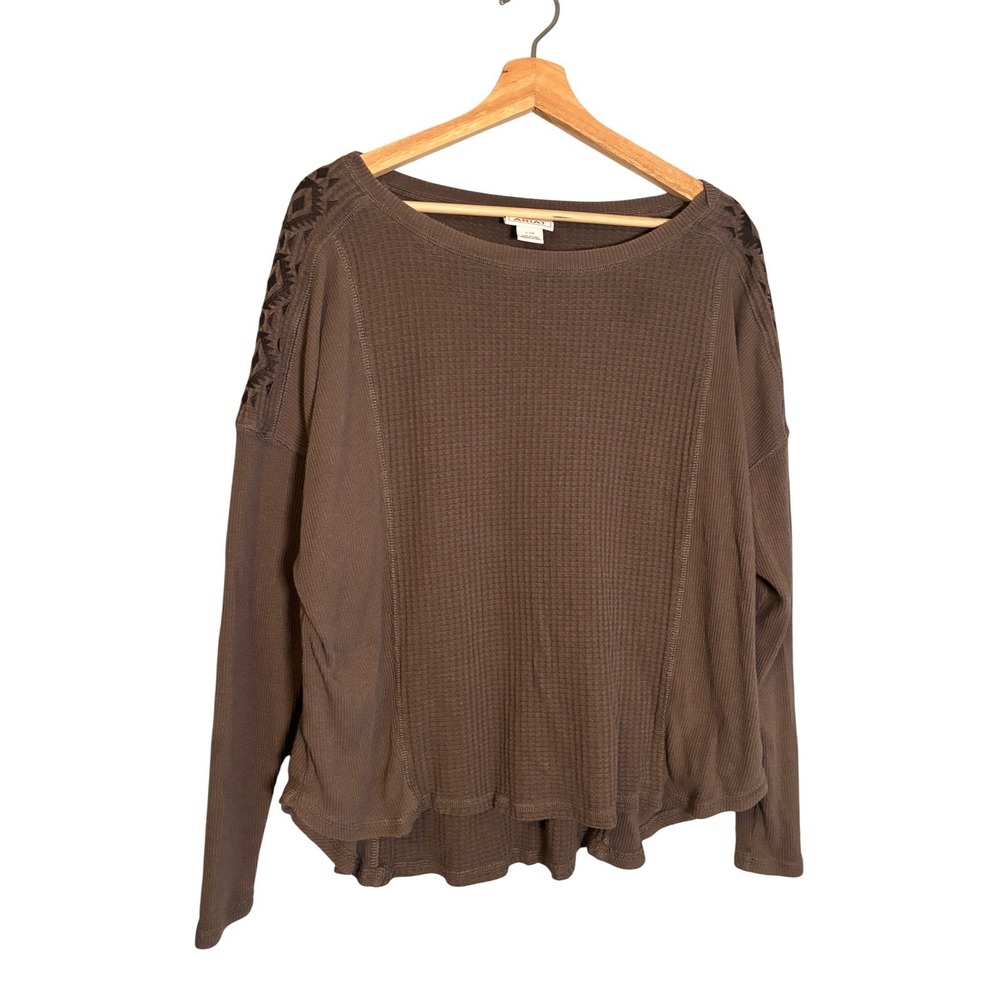 Ariat Womens Brown Waffle Knit Thermal Top Southwestern Embroidered Large - Picture 2 of 5